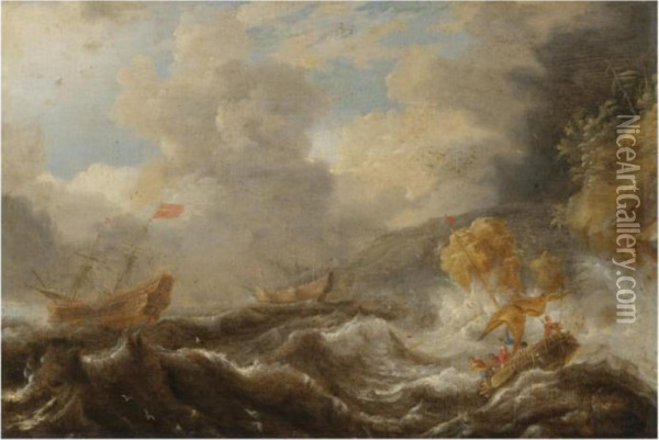 Shipping In A Tempestuous Sea Oil Painting - Cornelis Mahu