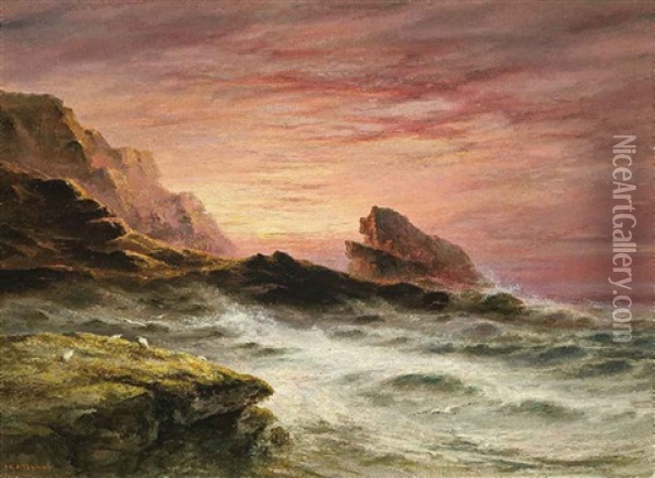 Sunset At Plemont Point, Jersey Oil Painting - Sarah Louise Kilpack