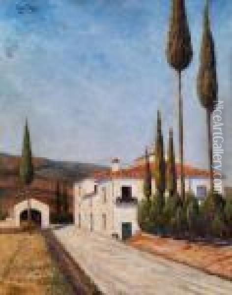 Toskanische Landschaft Mit 
Strasse, Diezu Einem Gehoft Fuhrt, Mit Gartnerisch Gestalteten, 
Zugeschnittenenzypressen Oil Painting - Oscar Ghiglia
