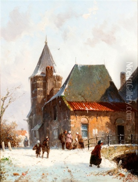 Figuren Bij Winters Stadsbruggetje Oil Painting - Adrianus Eversen