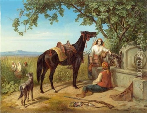 Mediterrane Landschaft Mit Bauern Und Tieren An Einem Brunnen Oil Painting - Eugen Adam