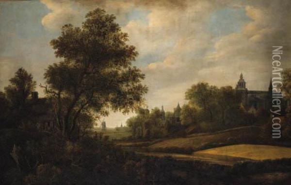 A Landscape With Peasants Outside A Cottage Near A Hamlet, Awindmill Beyond Oil Painting - Jan Iii Van Kessel