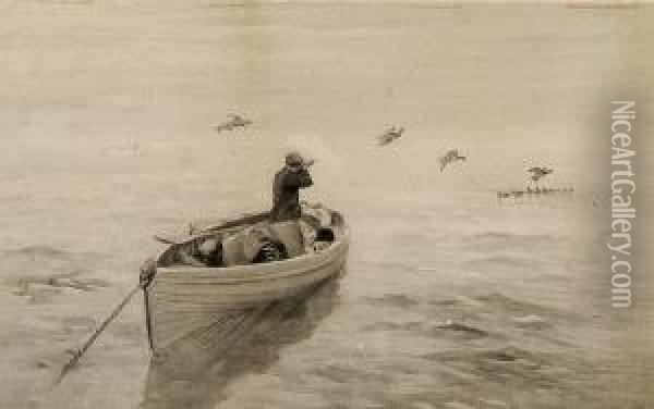 Black Duck Shooting On The Wash Off Hunstanton Oil Painting - Frank Southgate