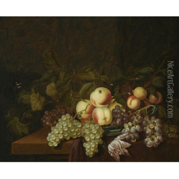 Still Life Of Peaches And Grapes In A Wan-li Porcelain Bowl, Together With A Butterfly, All Arranged On A Table Partly Draped With A Red Cloth Oil Painting - Bartholomeus Assteyn