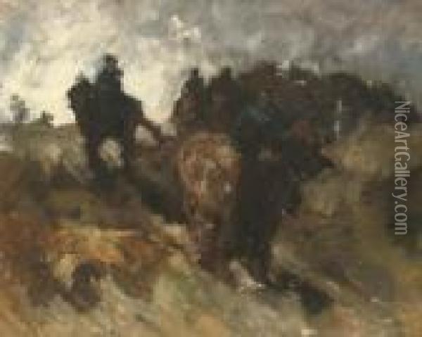 Wandelrit Van De Cavalerie In De Duinen: Cavalry In The Dunes Oil Painting - George Hendrik Breitner
