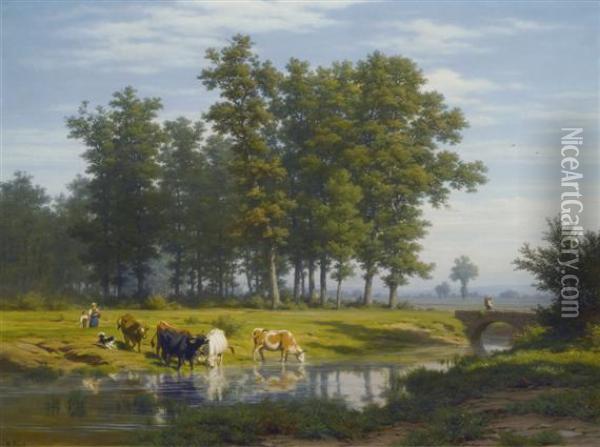 Landscape With Herd Of Cattle At A Stream Oil Painting - Robert Zund