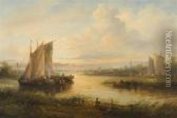 Fishing Vessels At Anchor - Sunset Oil Painting - John Moore Of Ipswich