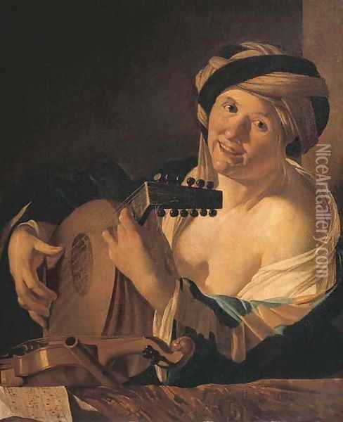 A woman playing the lute, a violin, flute and music on a draped ledge before her Oil Painting - Dirck Van Baburen