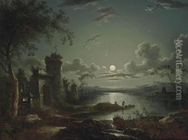 A Moonlit River Landscape With Anglers On The Shore And Mountains Beyond Oil Painting - Sebastian Pether
