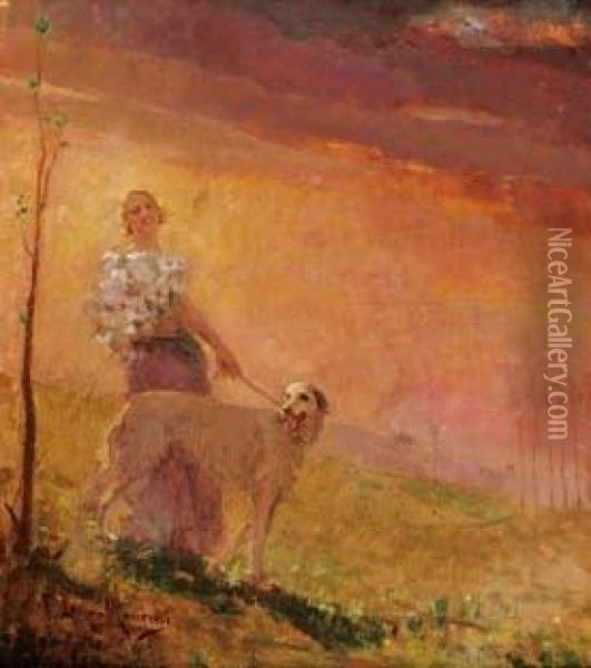 Donna Con Cane Oil Painting - Francesco Longo Mancini