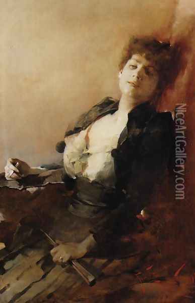 Portrait of a Woman with a Fan and a Cigarette Oil Painting - Franciszek Zmurko