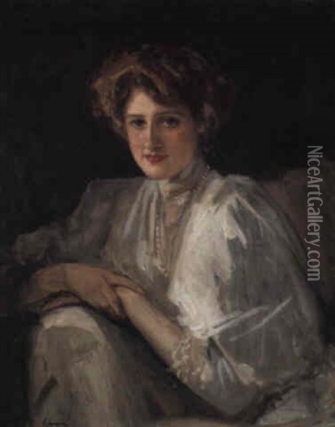 Portrait Of Phyllis In A White Dress Oil Painting - John Lavery