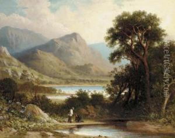 Anglers In A Mountainous Landscape Oil Painting - Joseph Wrightson McIntyre