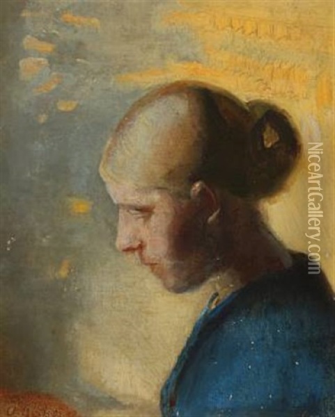 Portrait Of A Young Blond Girl In A Blue Dress With Her Hair In A Bun Oil Painting - Anna Kirstine Ancher