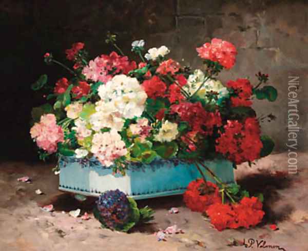 Geraniums in a ceramic container Oil Painting - Lonie Valmon