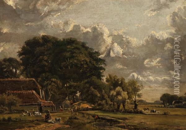 Landscape With A Farmstead Oil Painting - Alexander Hieronymus Jun Bakhuyzen