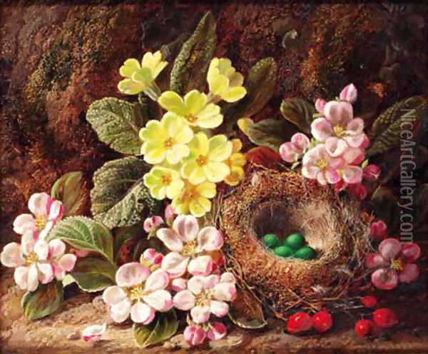 Primroses, apple blossom, and a bird's nest, on a mossy bank Oil Painting - George Clare
