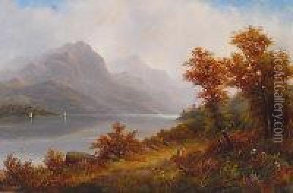 Landscape Scene With Figures By The Lakeside Oil Painting - Roderick D. Mackenzie