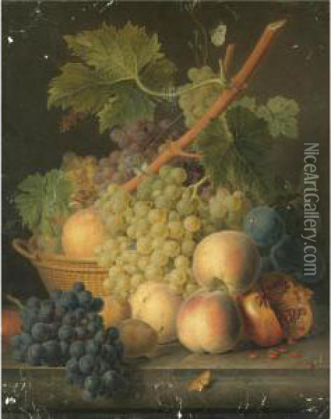 Still Life With Grapes And 
Peaches In A Basket, An Open Pomegranate, Plums, Black Grapes And More 
Peaches On The Marble Ledge Beneath Oil Painting - Jan Frans Van Dael