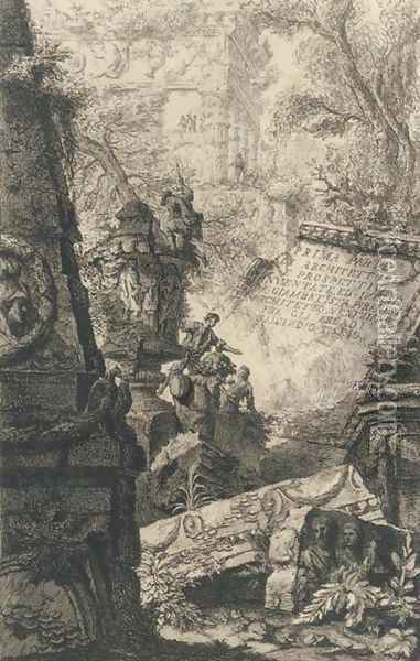 Ruins of an ancient tomb in front of ruins of an ancient aqueduct Oil Painting - Giovanni Battista Piranesi