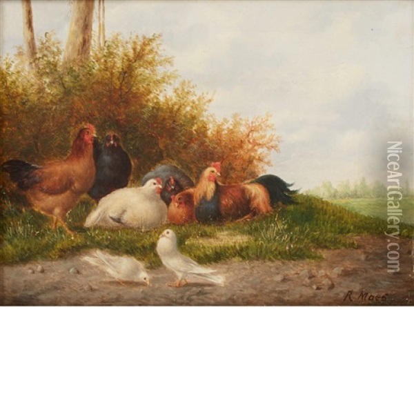 Chickens And Doves In A Landscape Oil Painting - Eugene Remy Maes