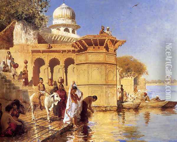 Along the Ghats, Mathura (or Picture Of The Nile) Oil Painting - Edwin Lord Weeks
