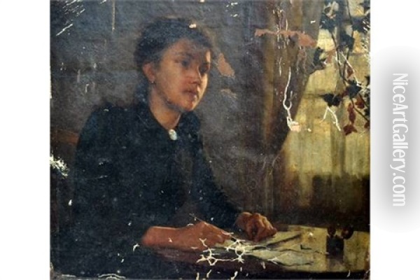 The Letter, Portrait Of Newlyn Model Louisa Cook Thomas Beckerleg Oil Painting - Edwin Harris