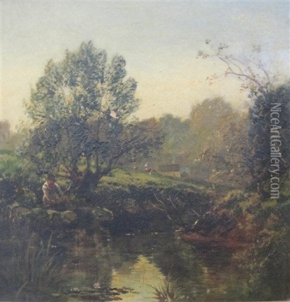 A Tranquil River Landscape With An Angler Fishing Oil Painting - Keeley Halswelle