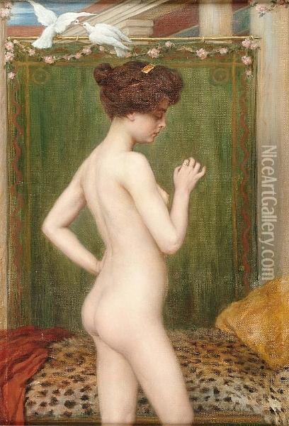 A Standing Femal Nude With A Pair Of Doves Oil Painting - Albert Hoflinger