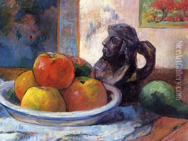 Still Life With Apples Pear And Ceramic Portrait Jug Oil Painting - Paul Gauguin