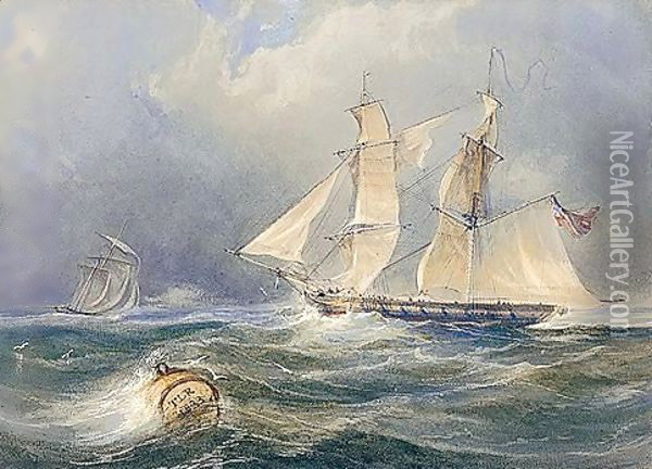 A Frigate In A Stiff Breeze Oil Painting - Thomas Charles Leeson Rowbotham