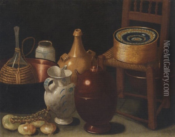 A Still Life With A String Of Onions, Pile Of Plates On A Chair, Jugs, And Other Cooking Utensils Oil Painting - Carlo Magini