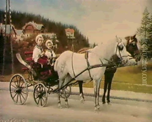 Young Boys In A Horsedrawn Carriage Oil Painting - Karl Buchta
