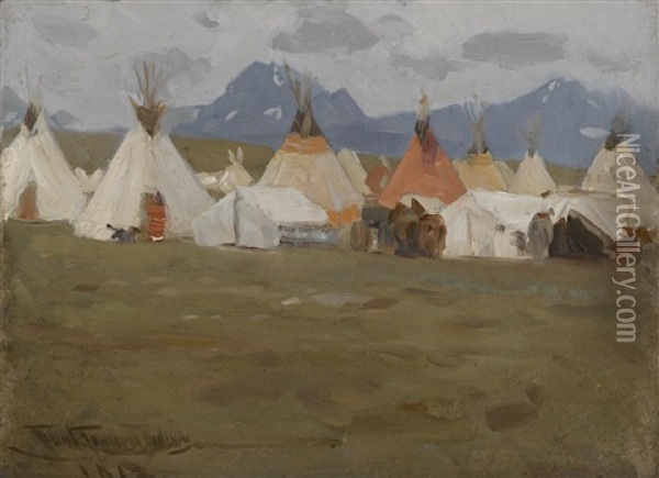 Indian Village With Teepees Oil Painting - Frank Tenney Johnson