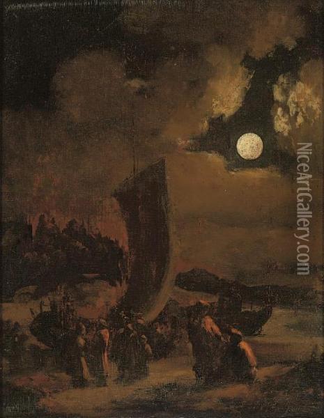 A Moonlit Beach With Figures By Boats Oil Painting - Egbert van der Poel