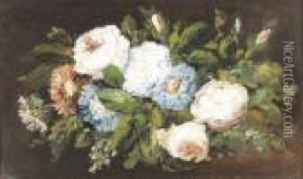 Stillleben Mit Astern Und Rosen. Oil Painting - Eugene Delacroix