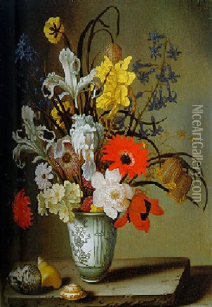 Dahlias, Irises, Carnations, Forget-me-nots And Other Flowers In A Porcelain Vase With Shells Oil Painting - Balthasar Van Der Ast