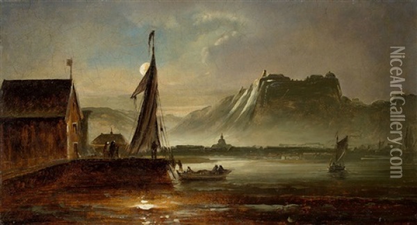 View Of Fredriksten Fortress In Moonlight Oil Painting - Peder Balke