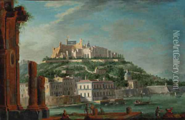 A view of a Sicilian harbour, with a citadel flying the flag of the two Sicilies Oil Painting - Juan Ruiz