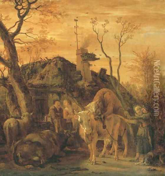A tethered bull covering a cow in a farmyard Oil Painting - Paulus Potter