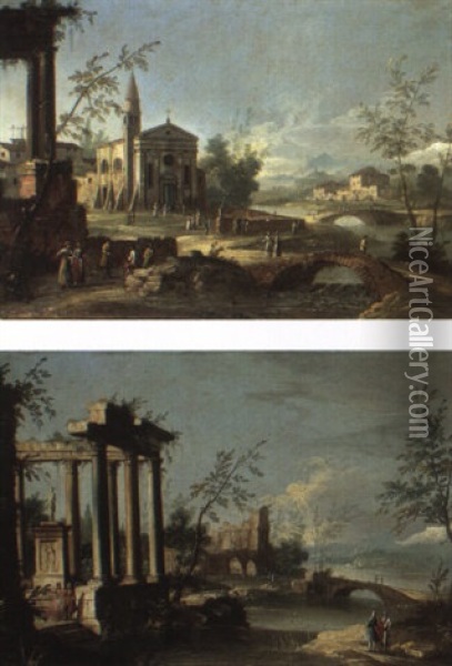 Capriccio River Landscape With Ruins And Figures Oil Painting - Francesco Albotti