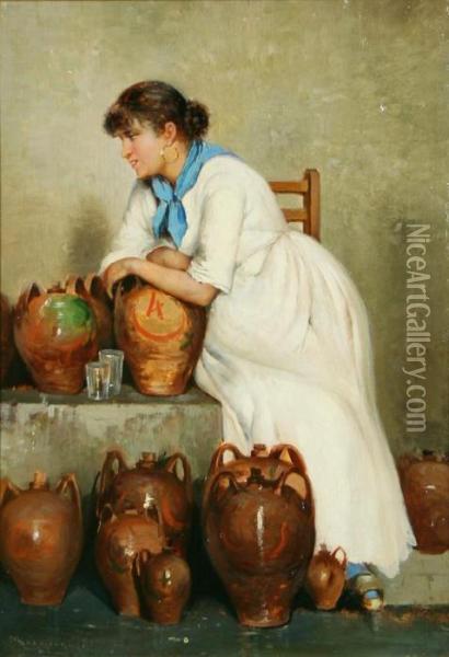 Lady With A Water Jug Oil Painting - Vittorio Reggianini