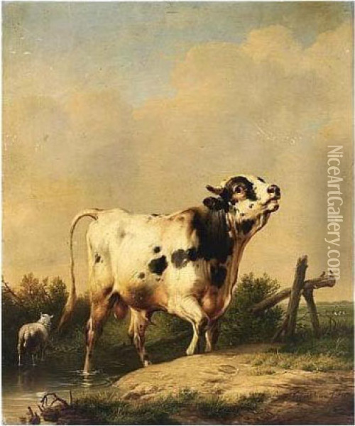 A Bull And Sheep In A Landscape Oil Painting - Eugene Joseph Verboeckhoven