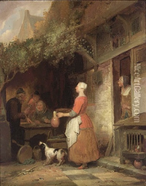 A Terrace Scene At The Inn Oil Painting - Ferdinand de Braekeleer the Elder