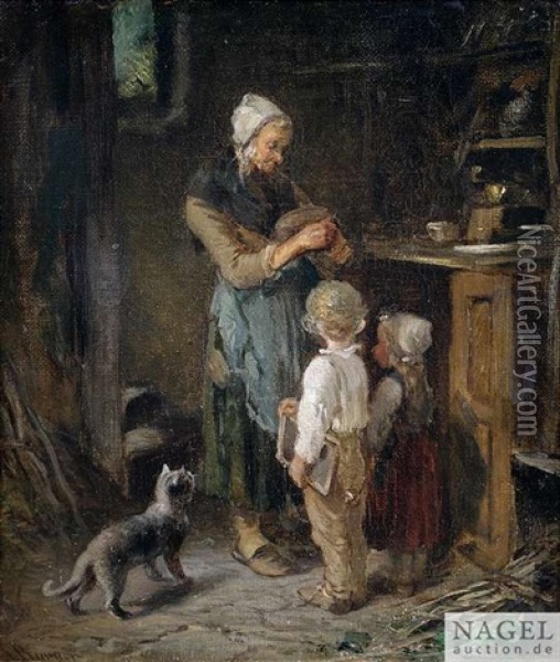 Kucheninterieur Mit Mutter, Kindern Und Katze Oil Painting - Anton Burger