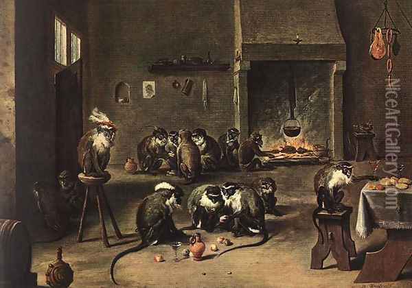 Apes in the Kitchen Oil Painting - David The Younger Teniers