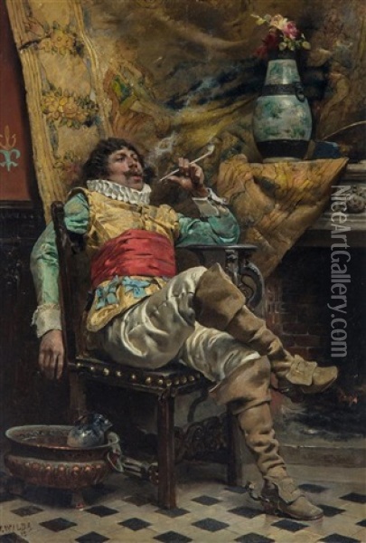 Cavelier In A Tavern Oil Painting - Charles Wilda