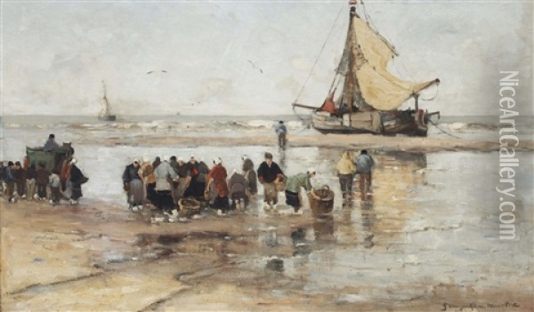 Fishermen On The Beach Oil Painting - Gerhard Arij Ludwig Morgenstjerne Munthe