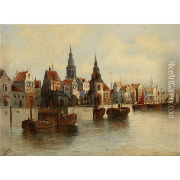 Harbor Scene Oil Painting - Anton Huebner