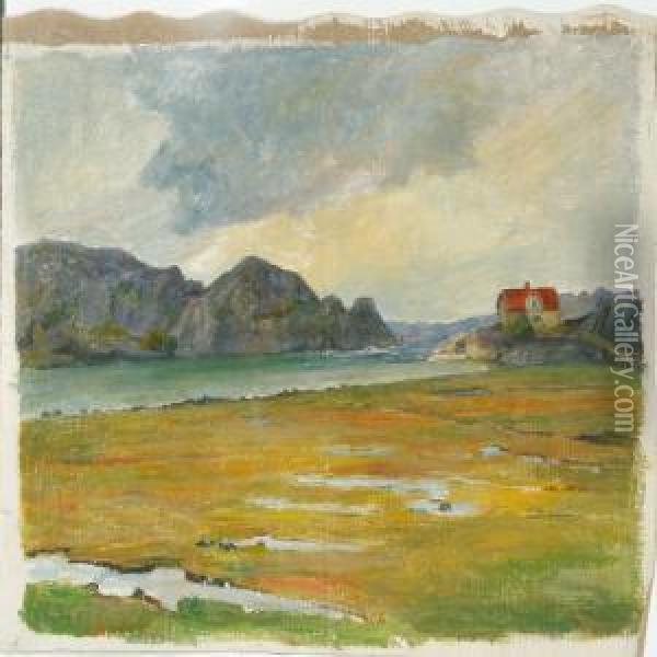 Inlet Scenery Fromgreenland On A Cloudy Summer Day Oil Painting - Aage Bertelsen